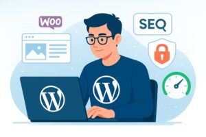 Développeur WordPress freelance travaillant sur un ordinateur portable avec des icônes de création de sites web, e-commerce, SEO, sécurité et optimisation.